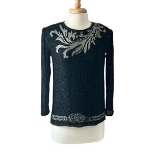 SHOMAX Women's M Silk Black Silver Heavy Beaded Evening Wear Top Hollywood Glam